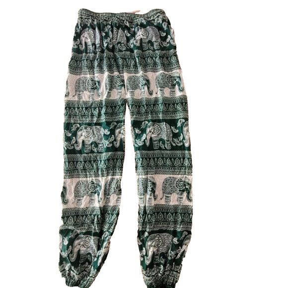 CLEARANCE Harem Pants Green White Boho Hippie Elephant Small Gathered Ankle - Picture 2 of 9